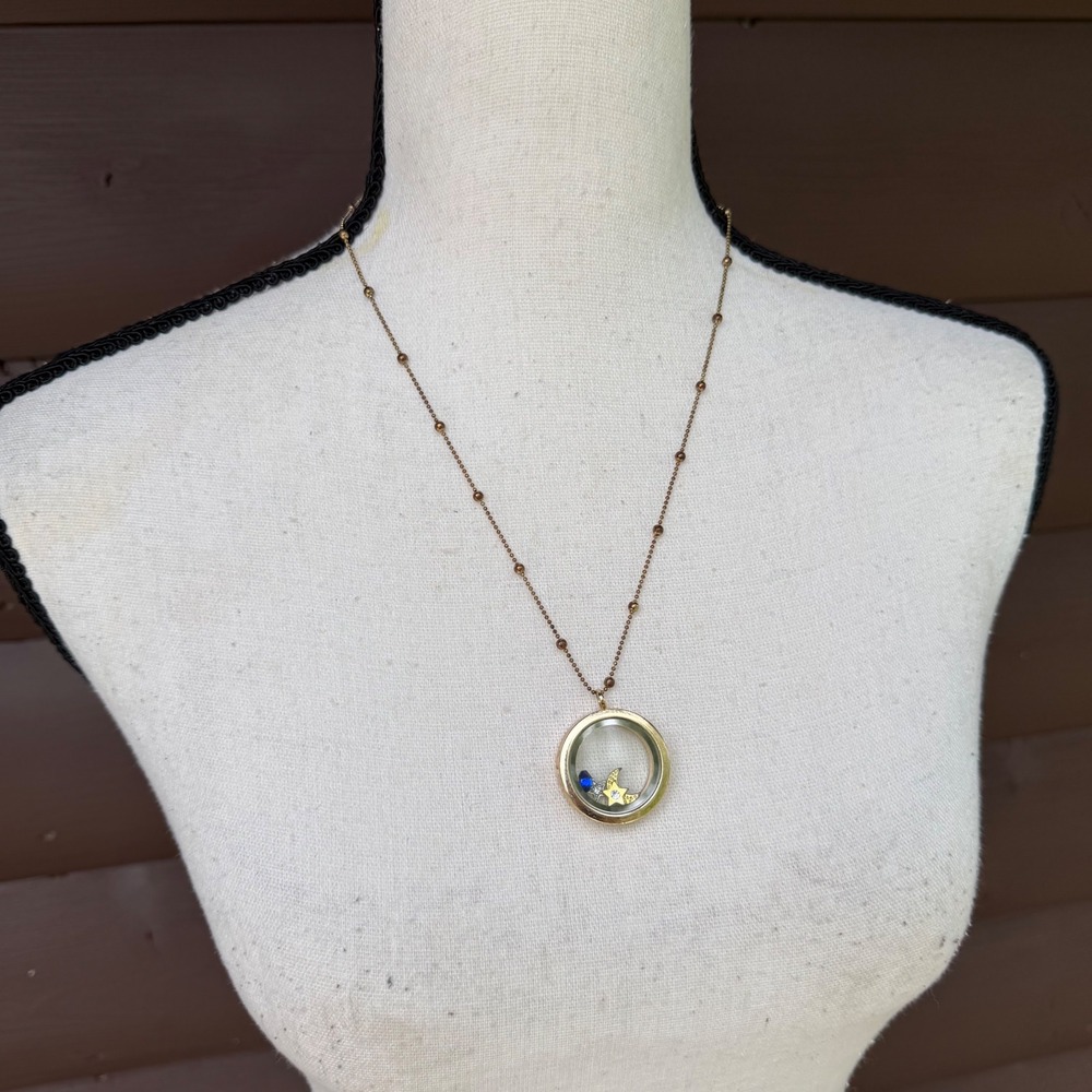 Floating Locket Celestial Necklace Women Gold Tone Moon Star Charms 26.5 Inch
